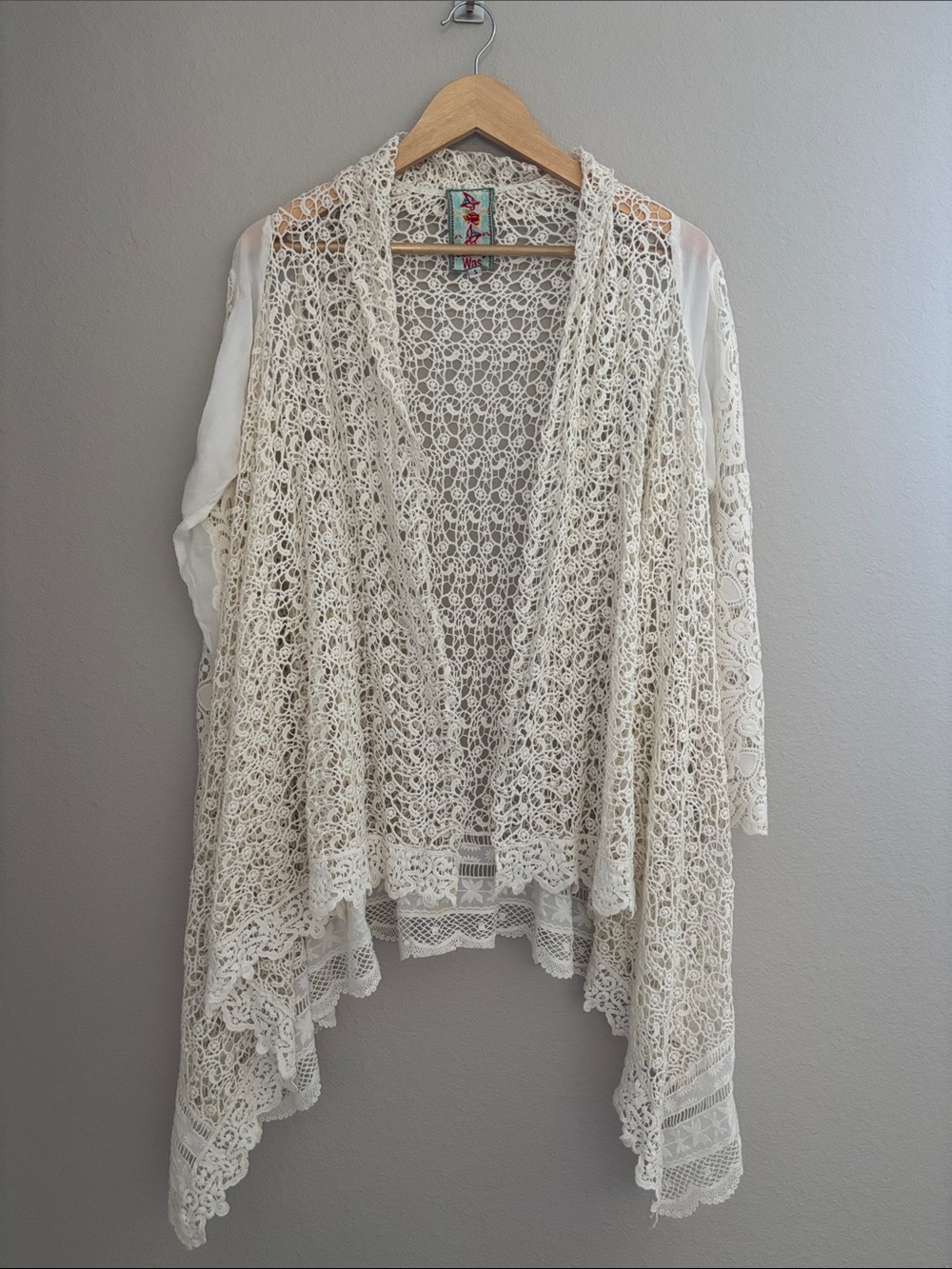 Johnny Was Crochet Embroidery Lace Trim Open Front Cardigan Wrap Ivory Cream S